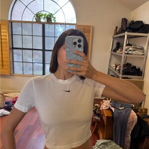 Nike White Women’s Short-Sleeve Crop Tee with Black Swoosh